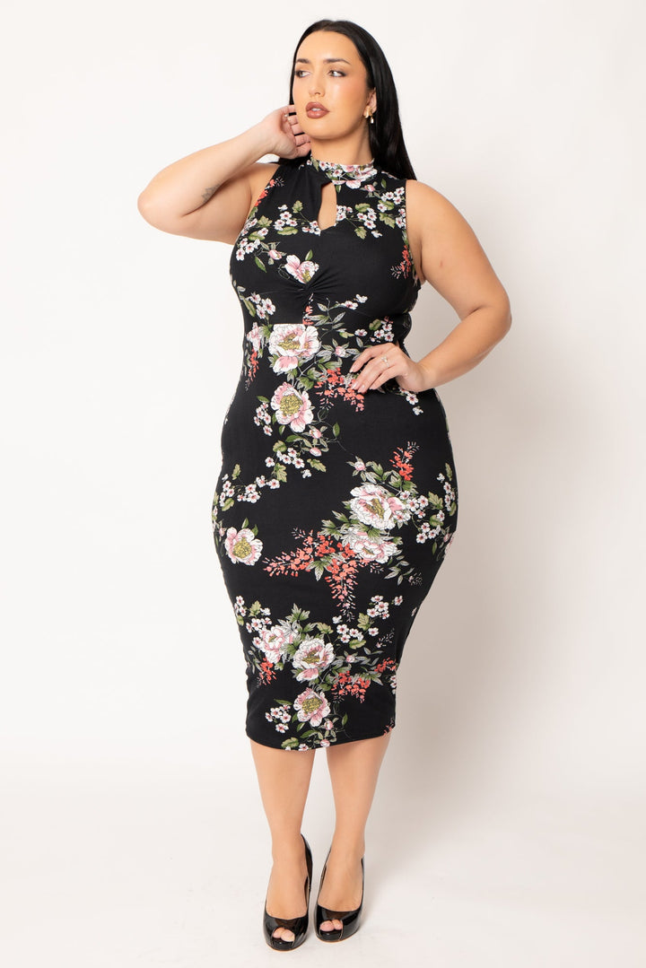 Curvy Sense Inc. Dresses Plus Size Ameri Floral Bodycon Dress- Black
