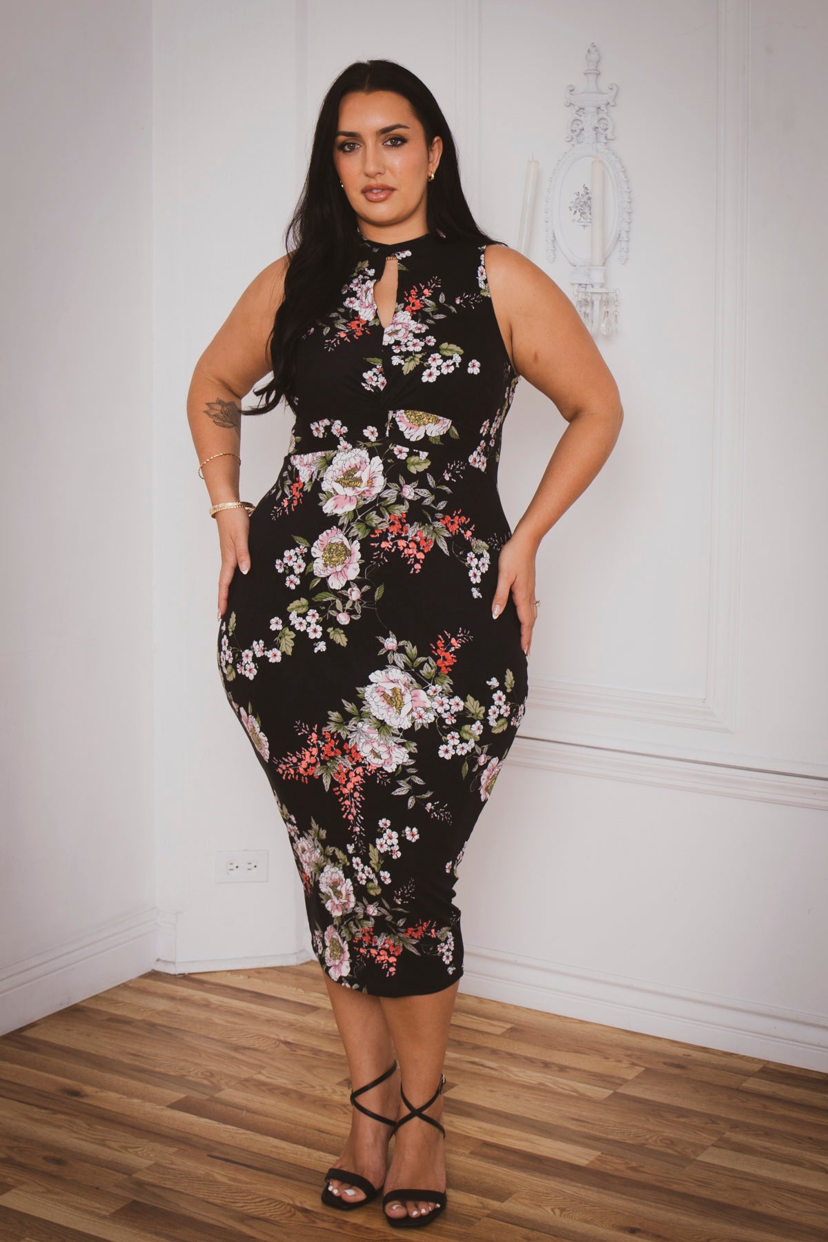 Plus Size Ameri Floral Bodycon Dress- Black 2X / Black at Curvy Sense