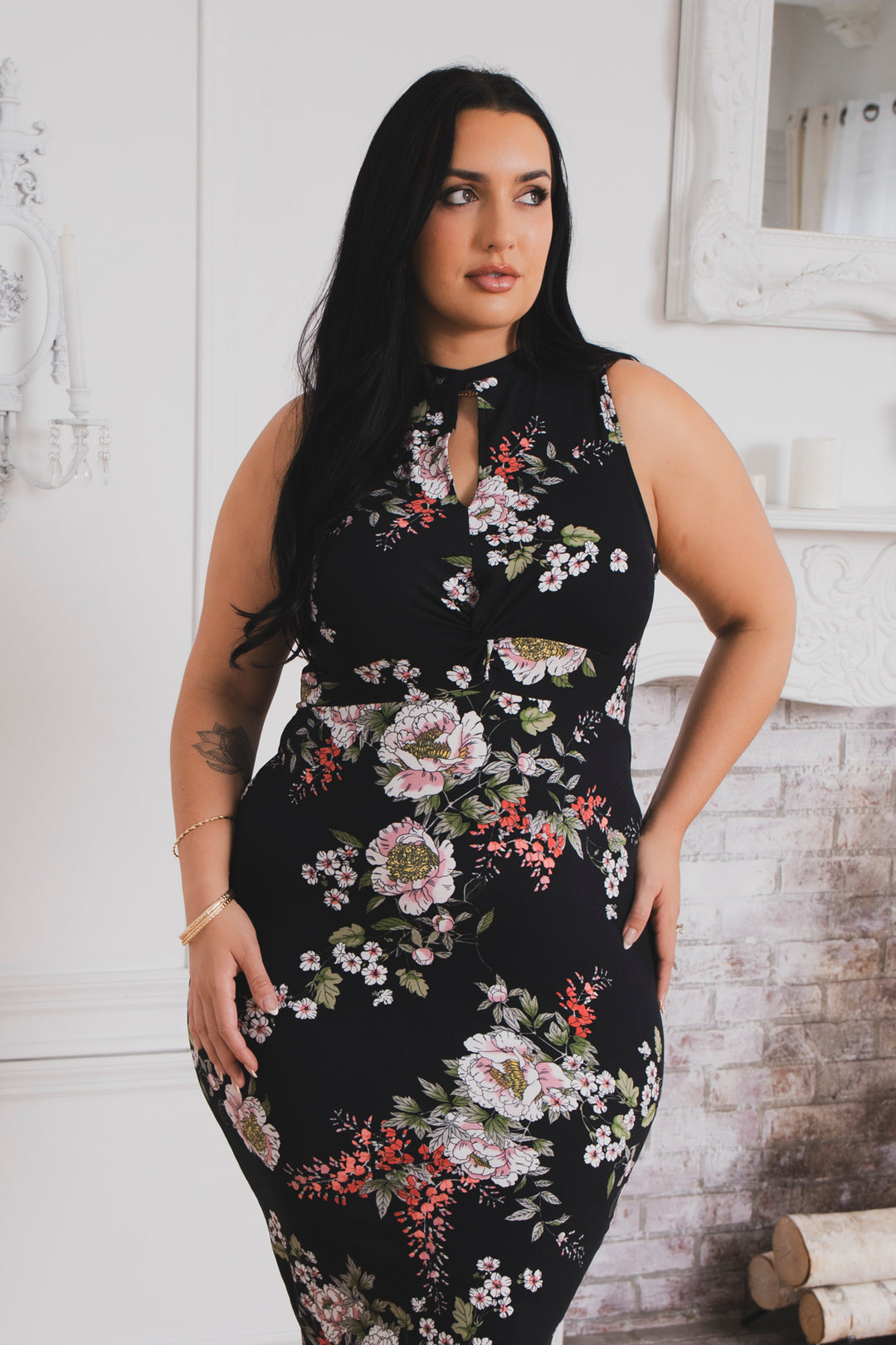 Curvy Sense Inc. Dresses Plus Size Ameri Floral Bodycon Dress- Black