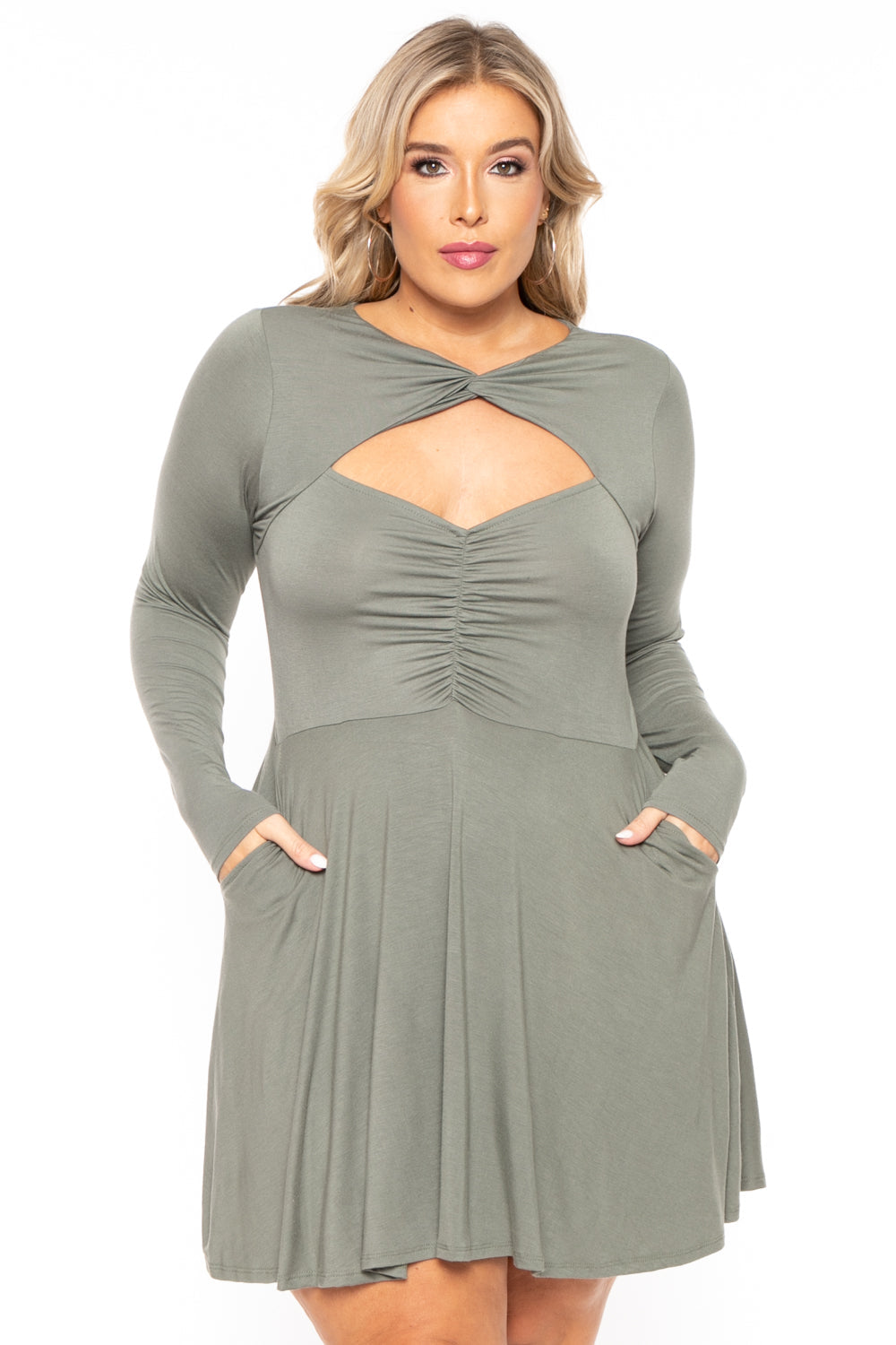 Curvy Sense Dresses 1X / Olive Plus Size Amry Flare Cutout Dress - Olive