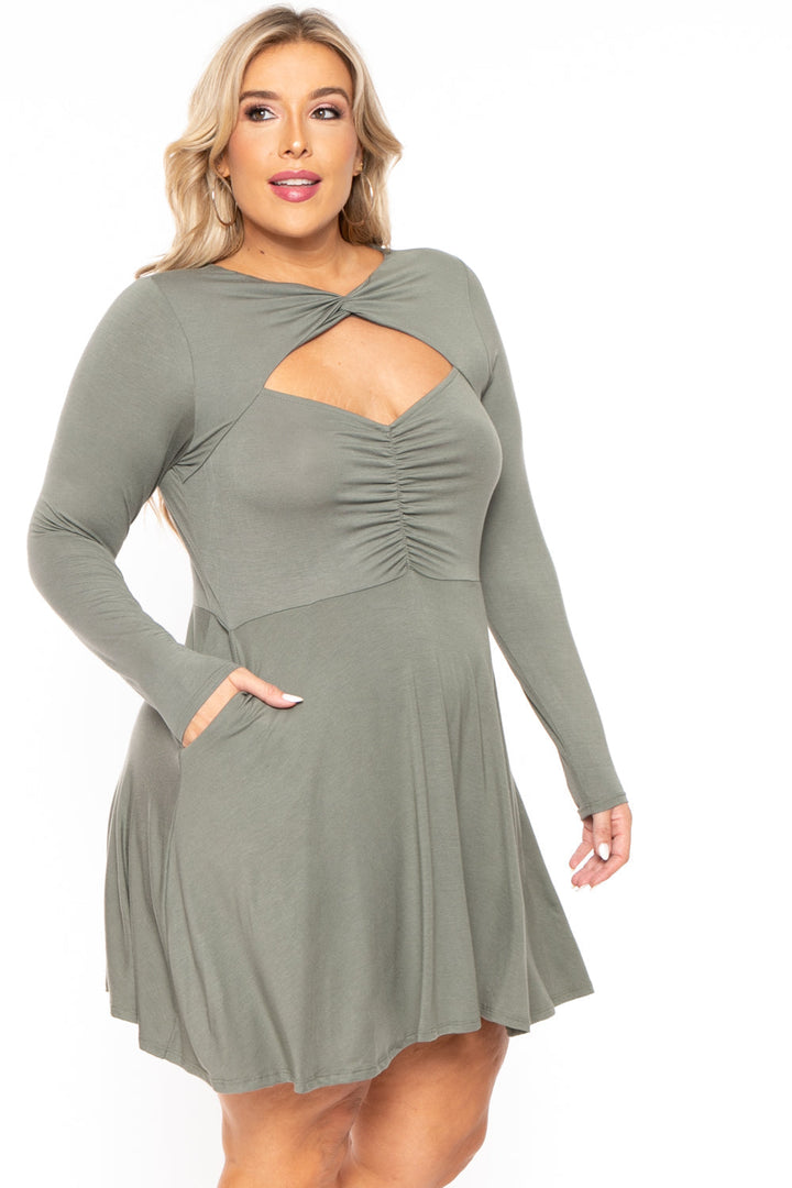 Curvy Sense Dresses Plus Size Amry Flare Cutout Dress - Olive