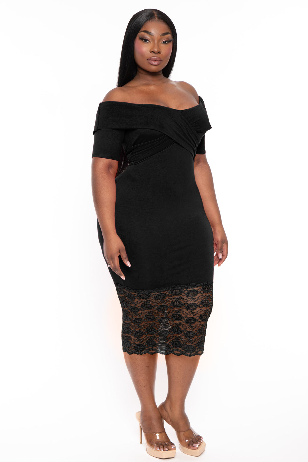 Curvy Sense Dresses Plus Size Anadora Off the Shoulder  Dress- Black