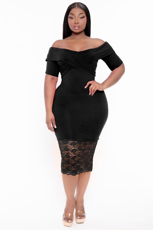 Curvy Sense Dresses Plus Size Anadora Off the Shoulder  Dress- Black