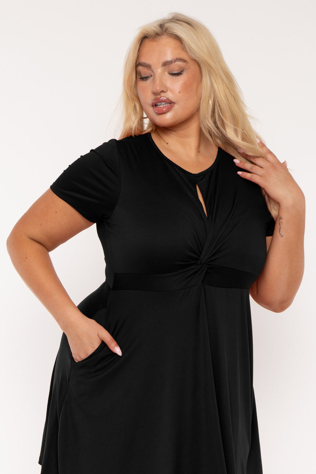 Curvy Sense Dresses Plus Size Anne Twist Front  Flare Dress - Black