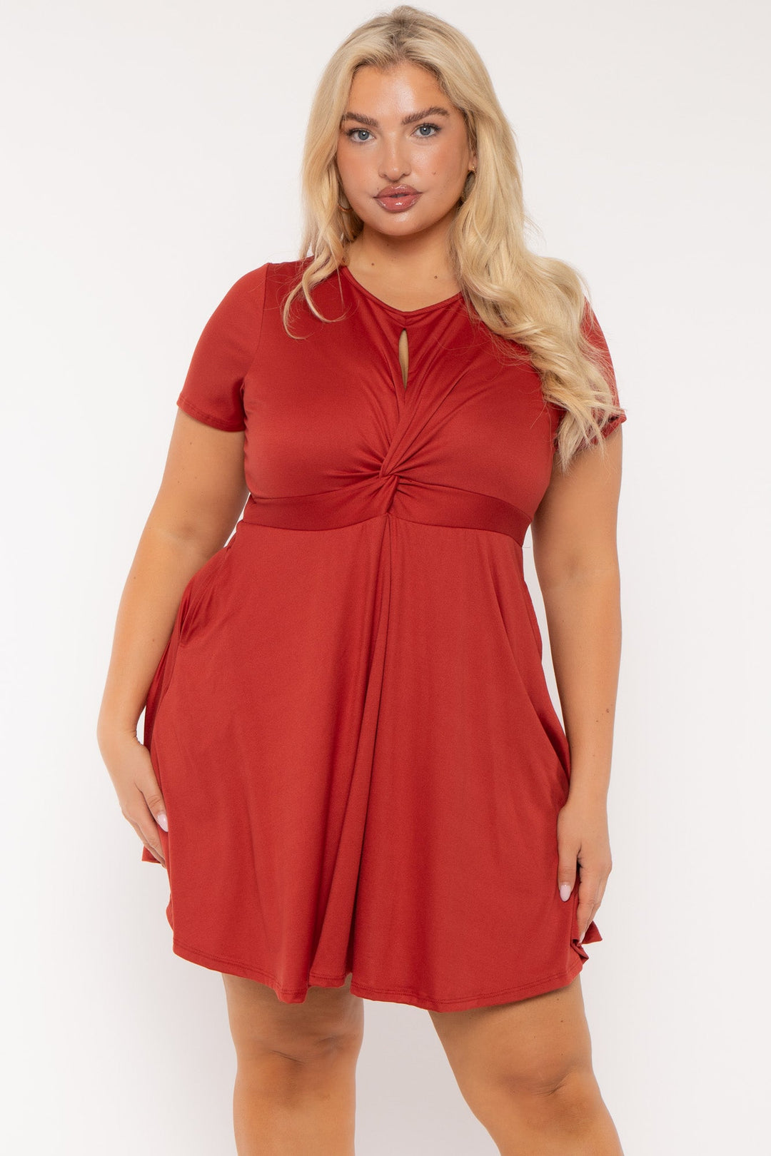 Curvy Sense Dresses Plus Size Anne Twist Front  Flare Dress - Rust