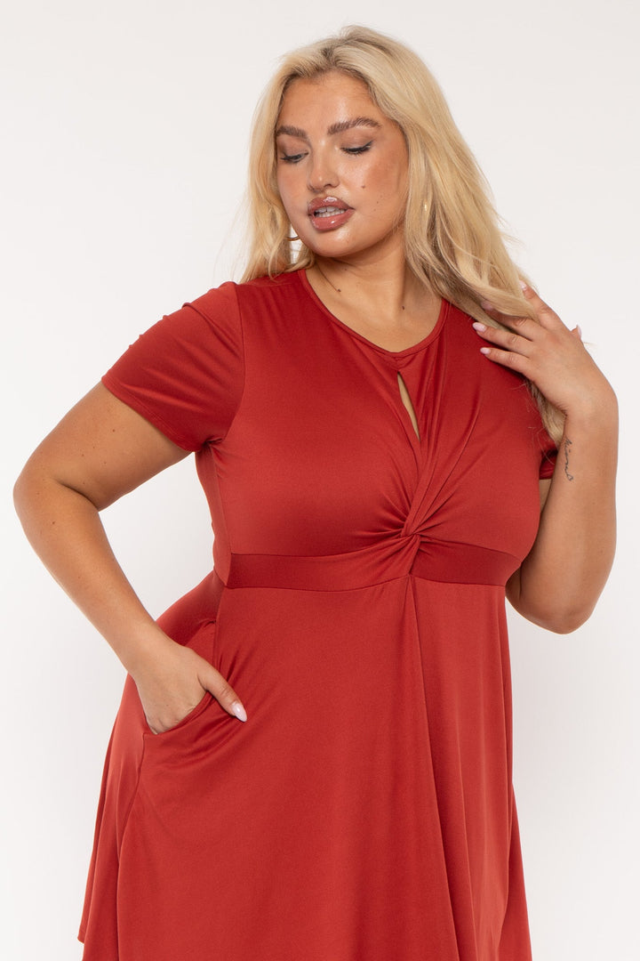 Curvy Sense Dresses Plus Size Anne Twist Front  Flare Dress - Rust