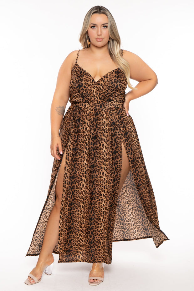 Curvy Sense Dresses Plus Size Arianna M-Slit Leopard Maxi Dress - Brown