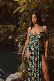 Curvy Sense Dresses Plus Size Arianna M-Slit Tropical Maxi Dress - Black