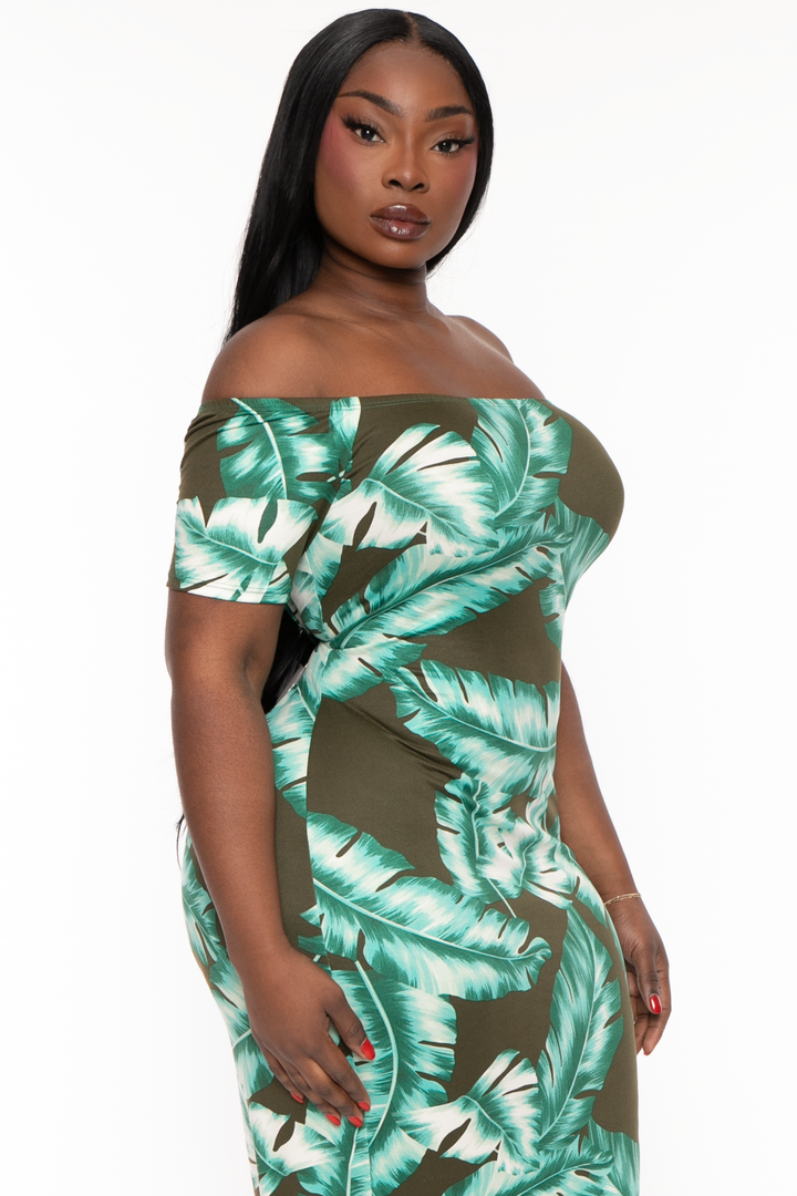 Curvy Sense Dresses Plus Size Arissa Leaf  Maxi Dress - Olive