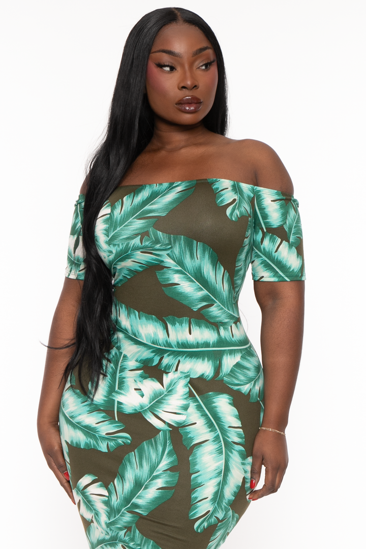 Curvy Sense Dresses Plus Size Arissa Leaf  Maxi Dress - Olive