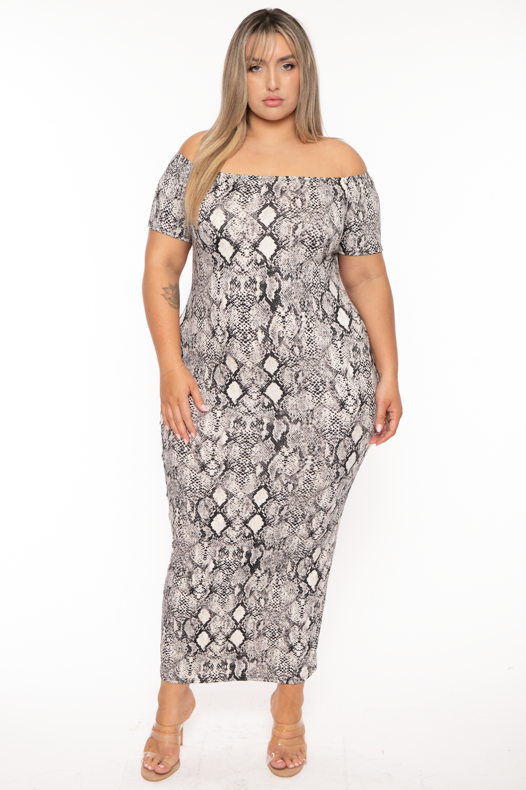 Curvy Sense Dresses 1X / Grey Plus Size Arissa Snake Print  Maxi Dress - Grey