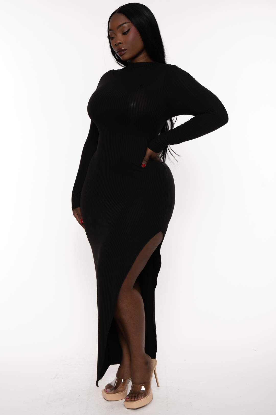 Curvy Sense Dresses Plus Size Asiah Ribbed  Maxi Dress - Black