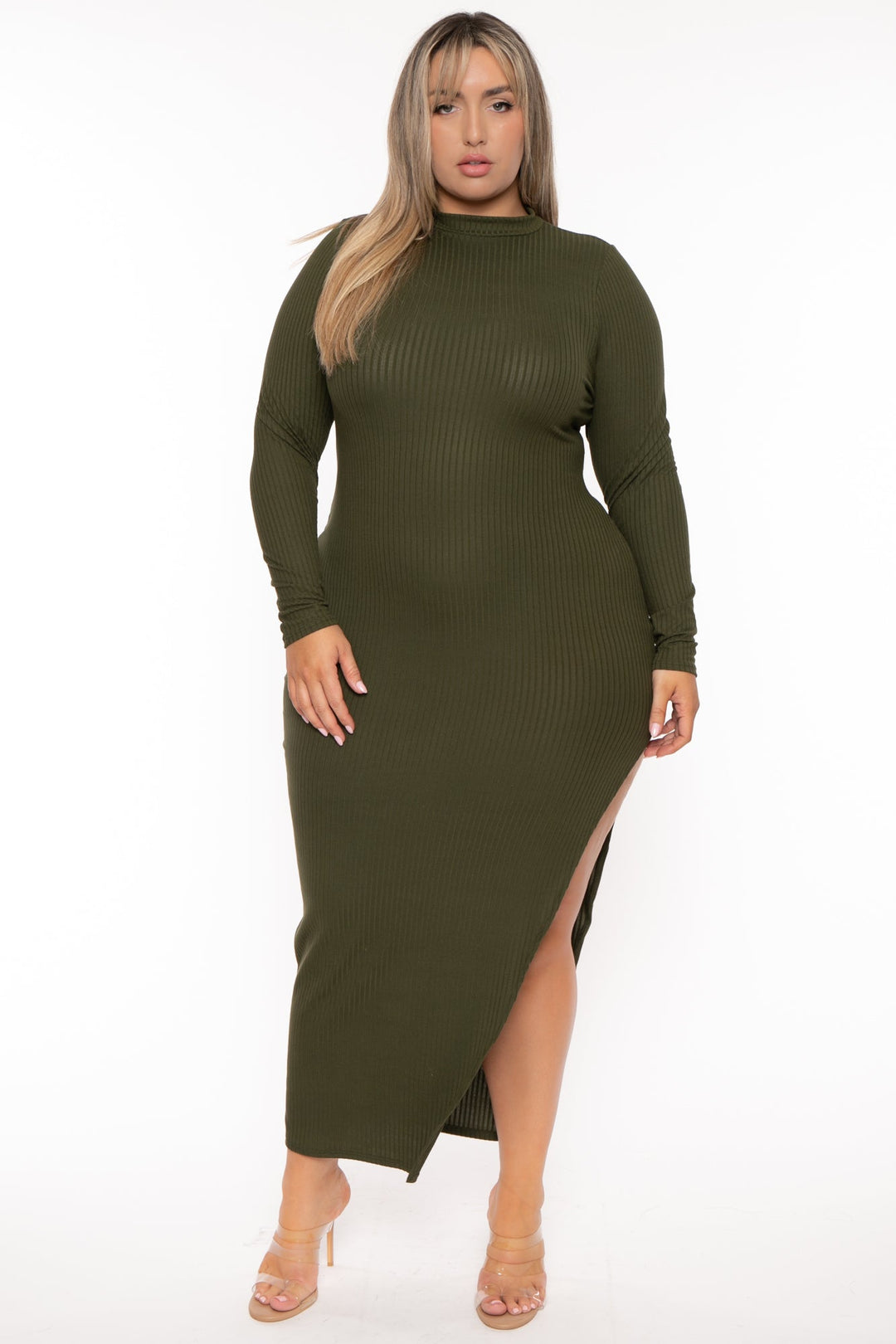 Curvy Sense Dresses 1X / Olive Plus Size Asiah Ribbed  Maxi Dress - Olive