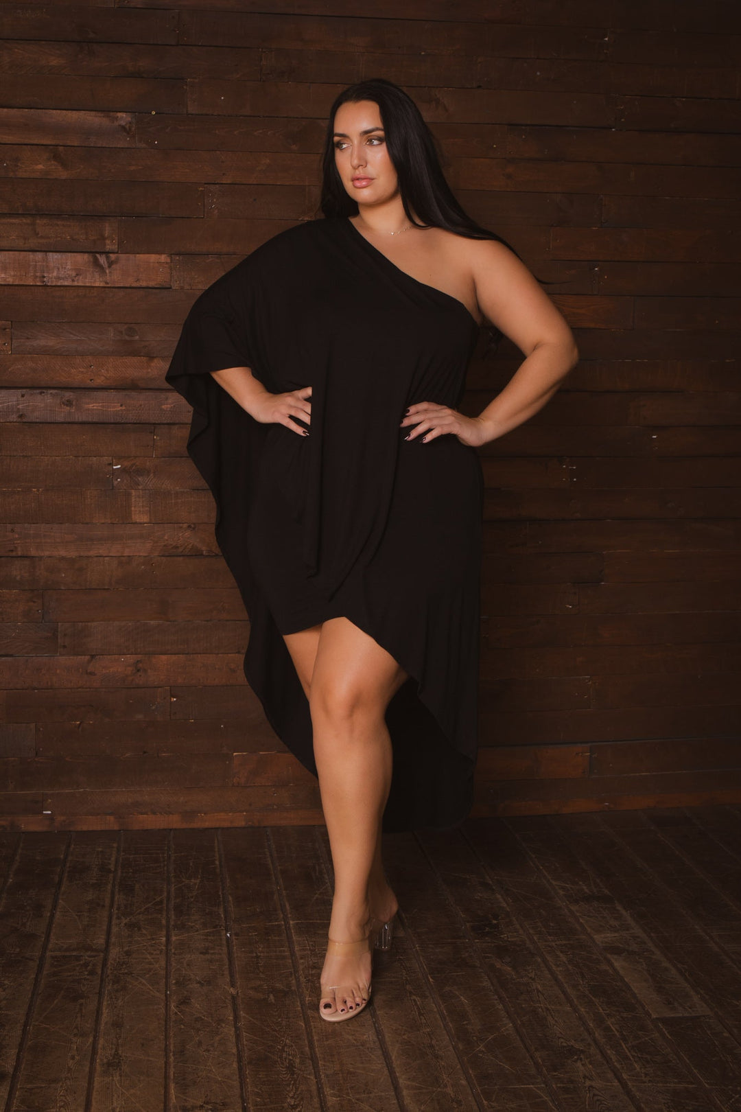 Curvy Sense Inc. Dresses Plus Size Asymmetric Draped Dress - Black