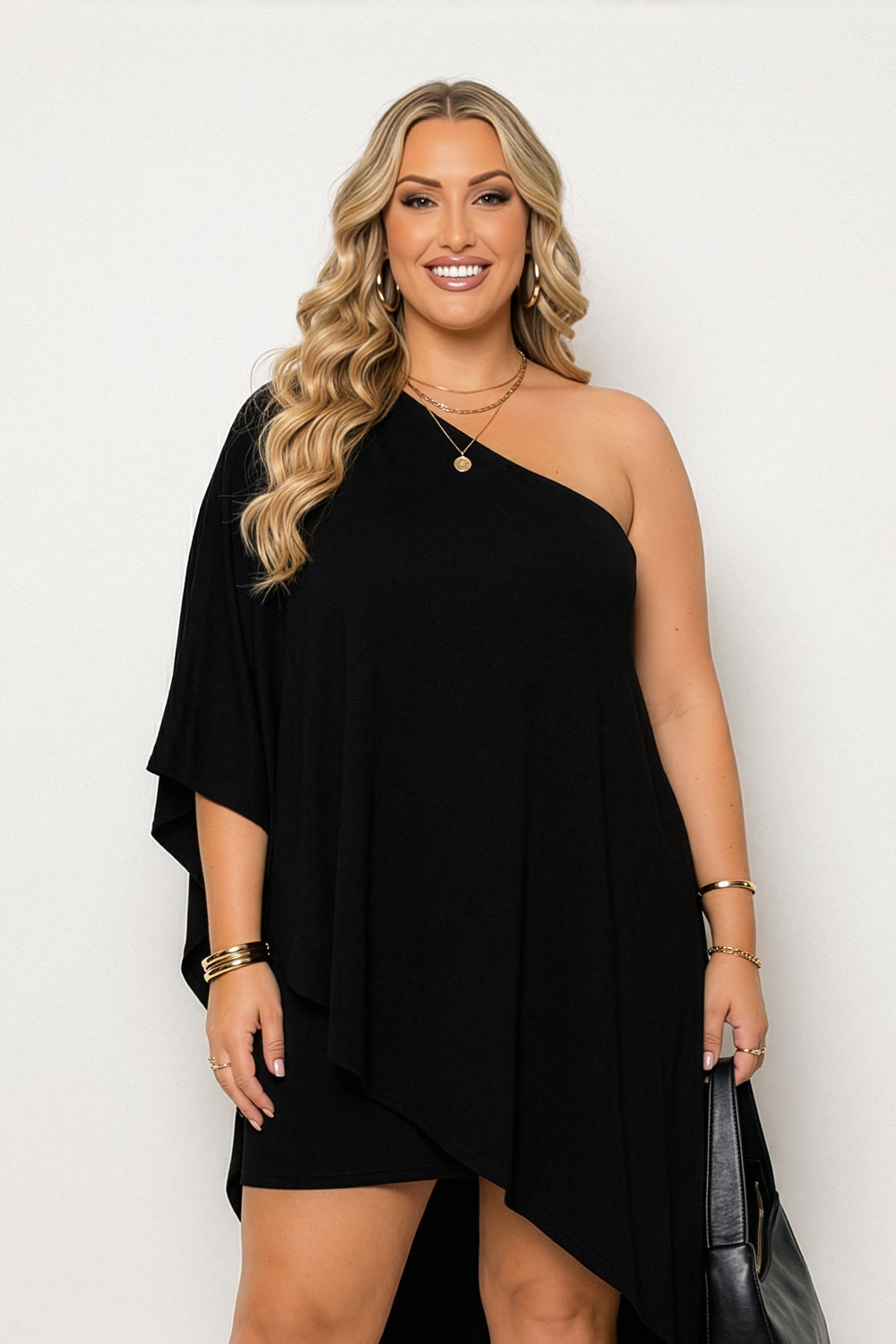 Curvy Sense Inc. Dresses Plus Size Asymmetric Draped Dress - Black