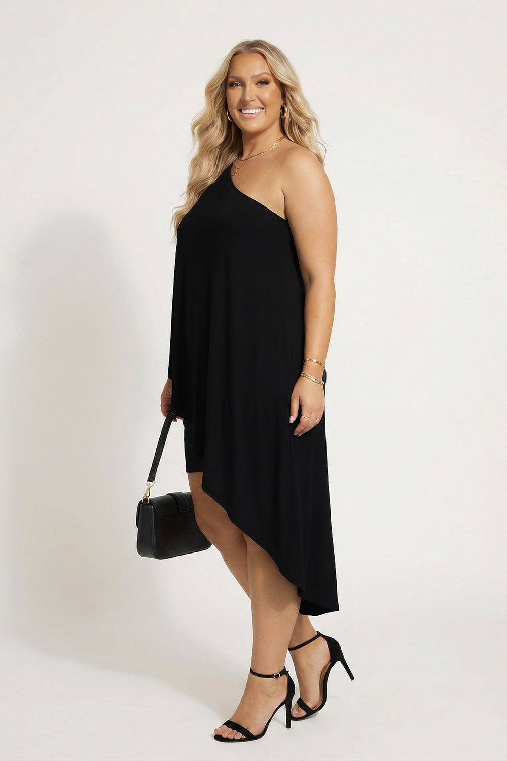 Curvy Sense Inc. Dresses Plus Size Asymmetric Draped Dress - Black