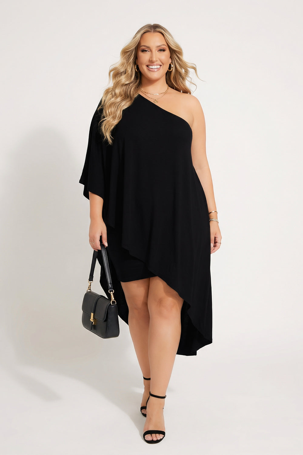 Curvy Sense Inc. Dresses Plus Size Asymmetric Draped Dress - Black