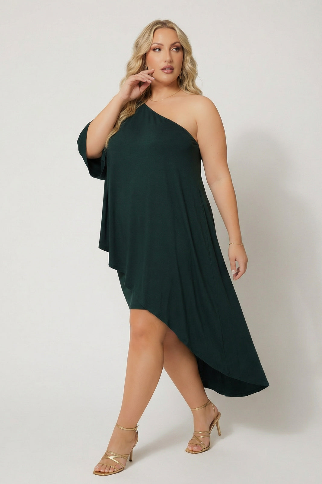 Curvy Sense Inc. Dresses Plus Size Asymmetric Draped Dress - Hunter Green