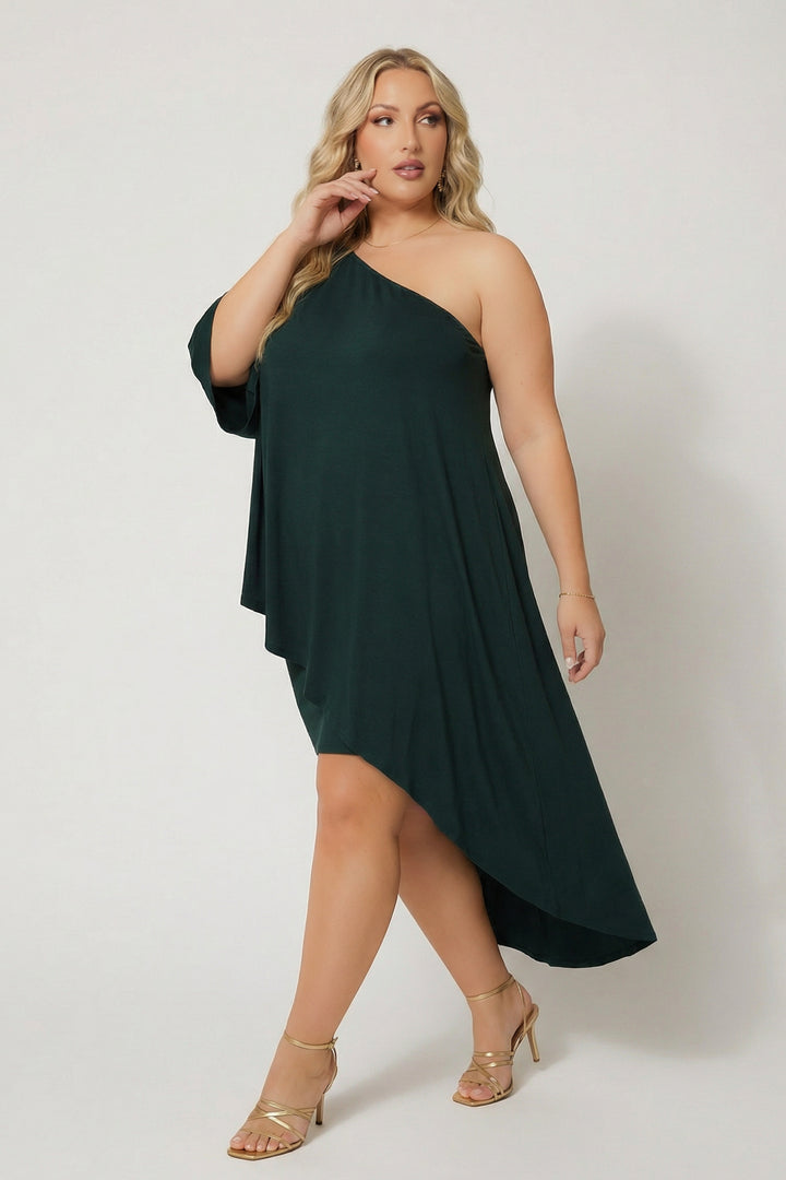 Curvy Sense Inc. Dresses Plus Size Asymmetric Draped Dress - Hunter Green