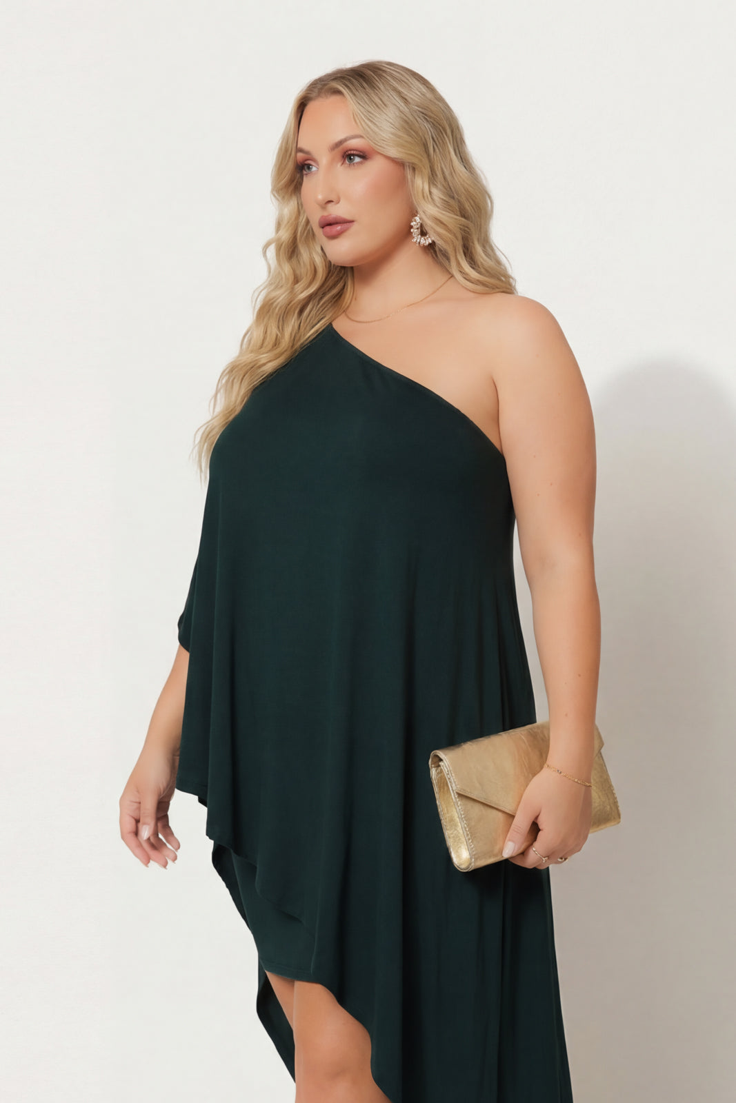 Curvy Sense Inc. Dresses Plus Size Asymmetric Draped Dress - Hunter Green