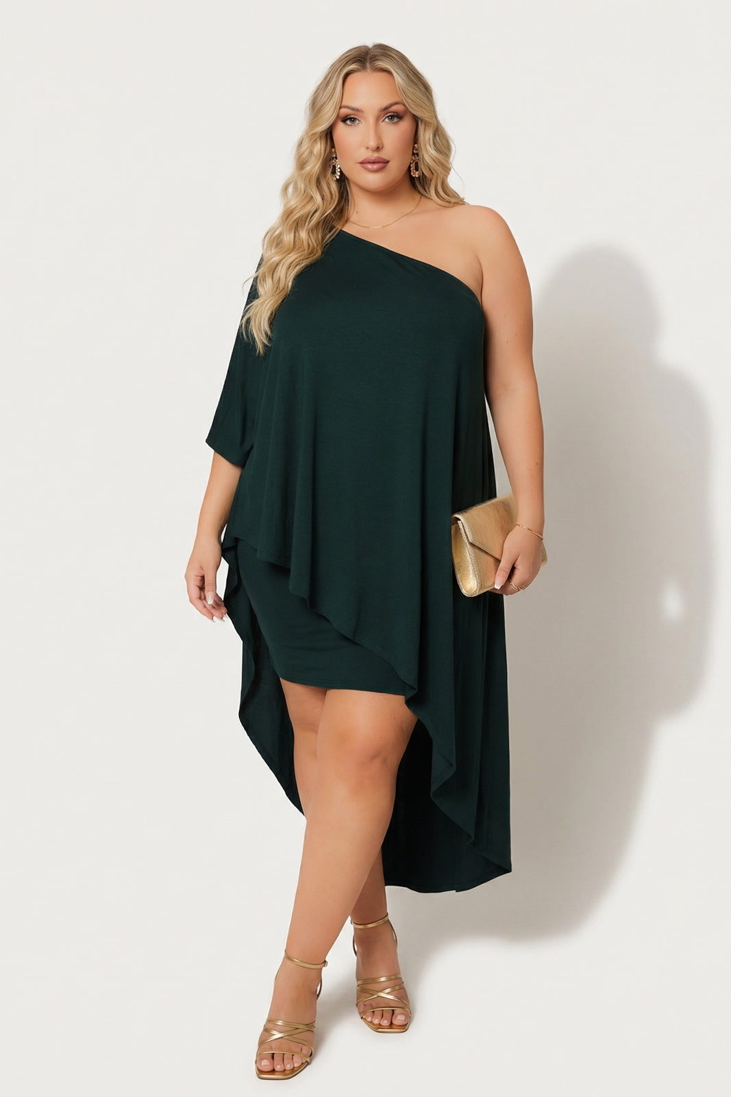 Women's Plus Size Asymmetric Draped Dress - Hunter Green - Curvy Sense Women's Plus Size Asymmetric Draped Dress - Hunter Green - Curvy Sense