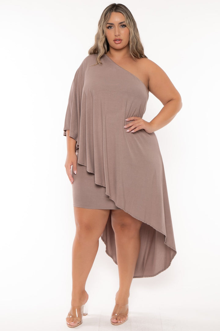 Curvy Sense Dresses Plus Size Asymmetric Draped Dress - Mocha