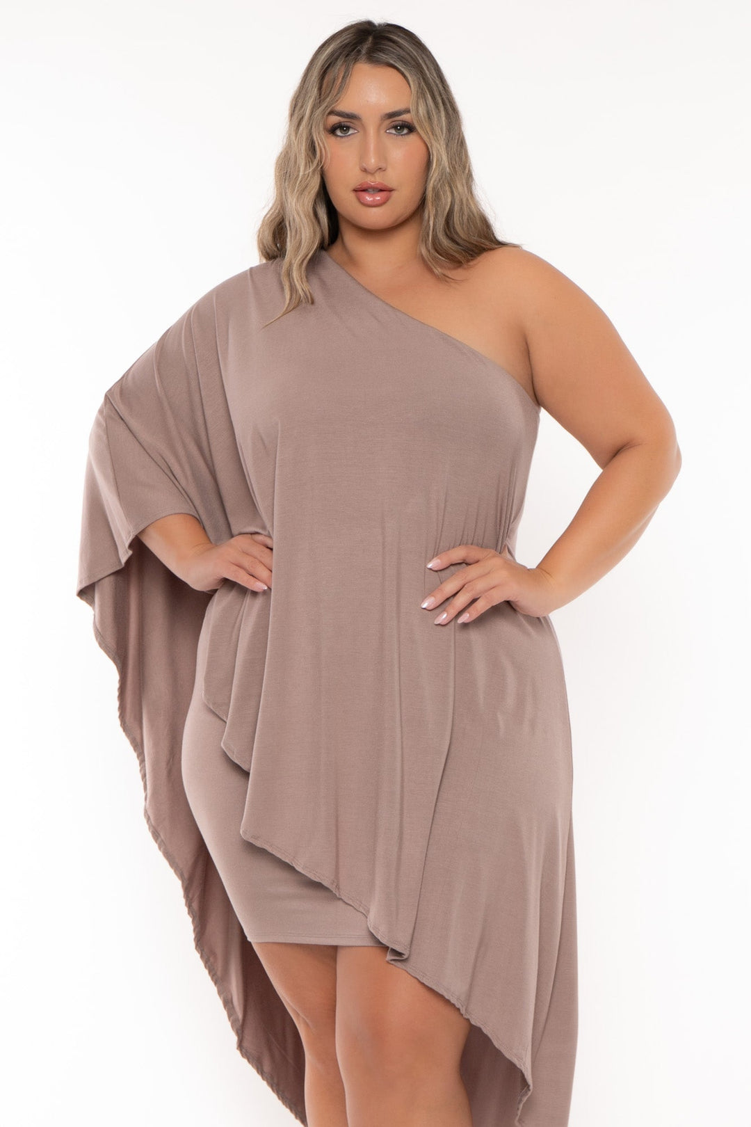 Curvy Sense Dresses Plus Size Asymmetric Draped Dress - Mocha