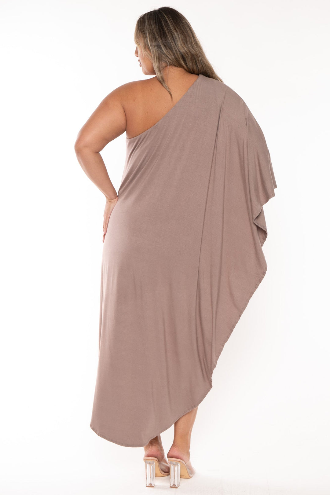 Curvy Sense Dresses Plus Size Asymmetric Draped Dress - Mocha