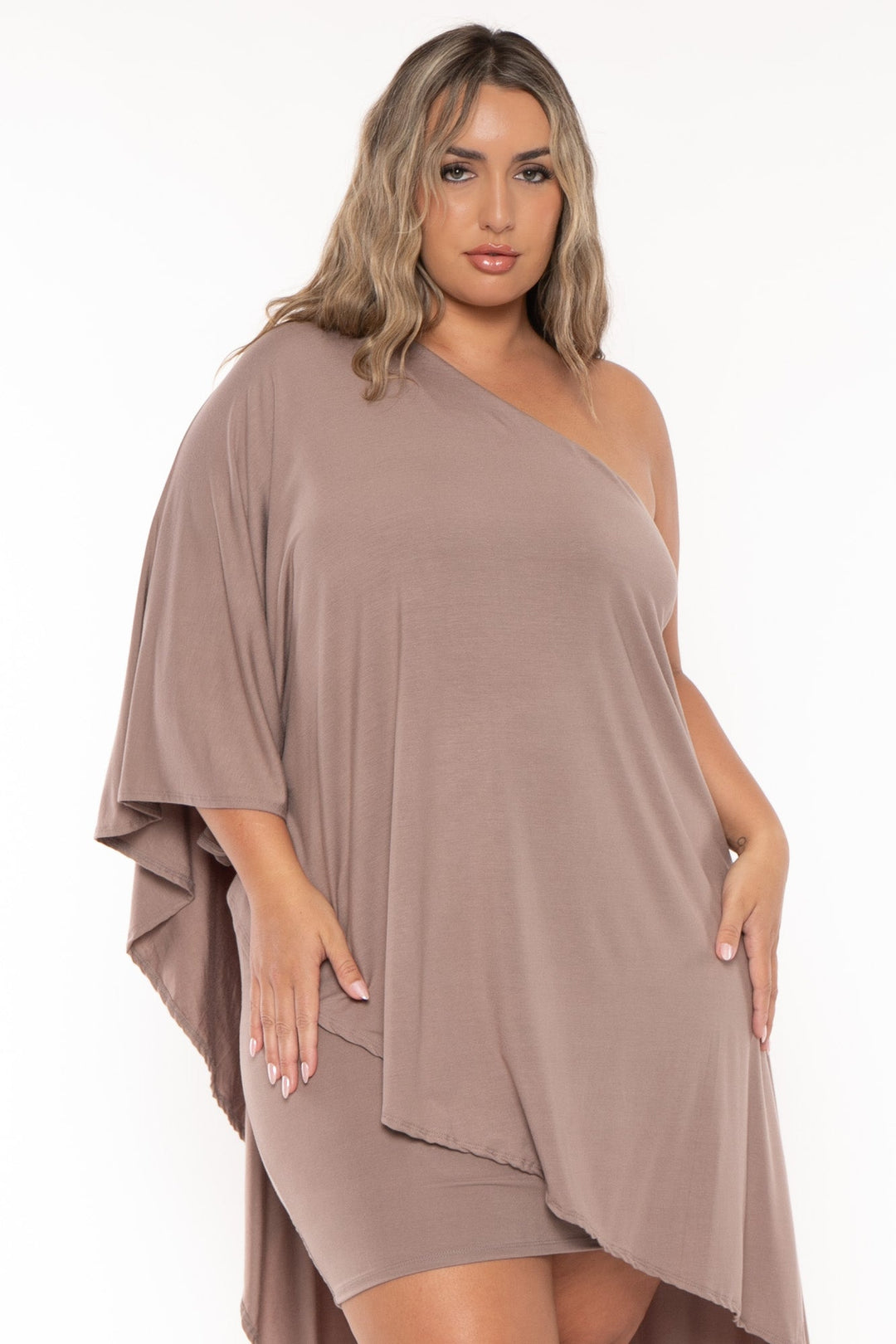 Curvy Sense Dresses Plus Size Asymmetric Draped Dress - Mocha