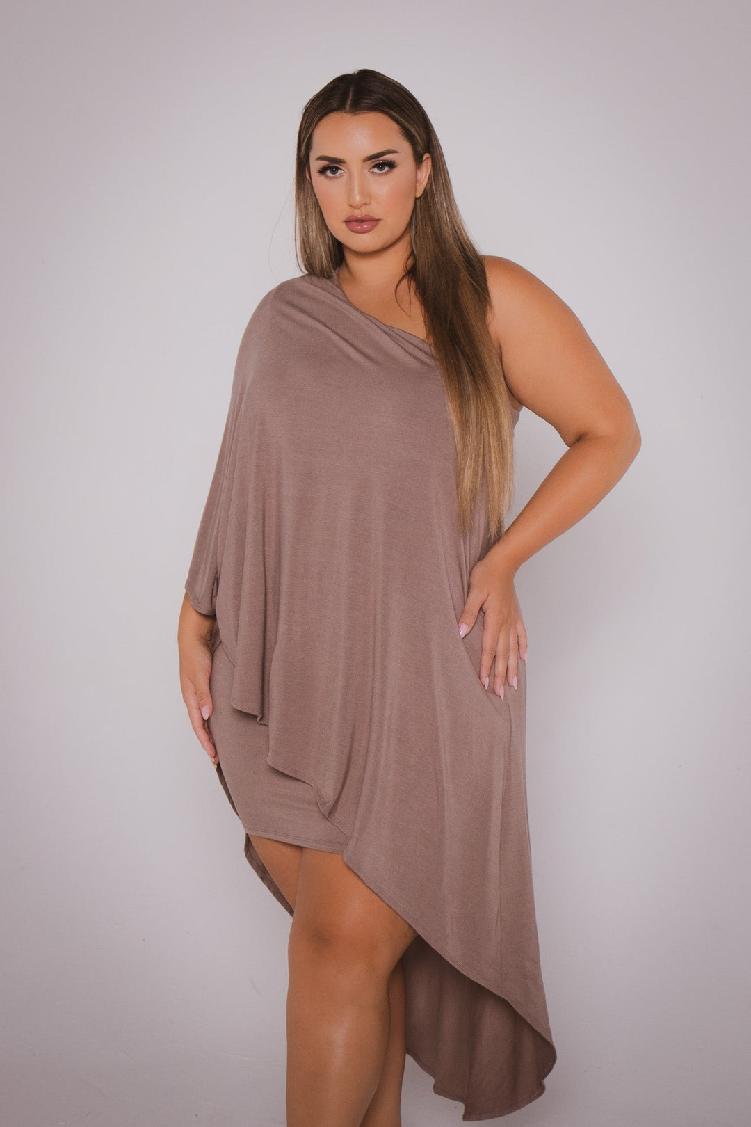 Curvy Sense Dresses Plus Size Asymmetric Draped Dress - Mocha