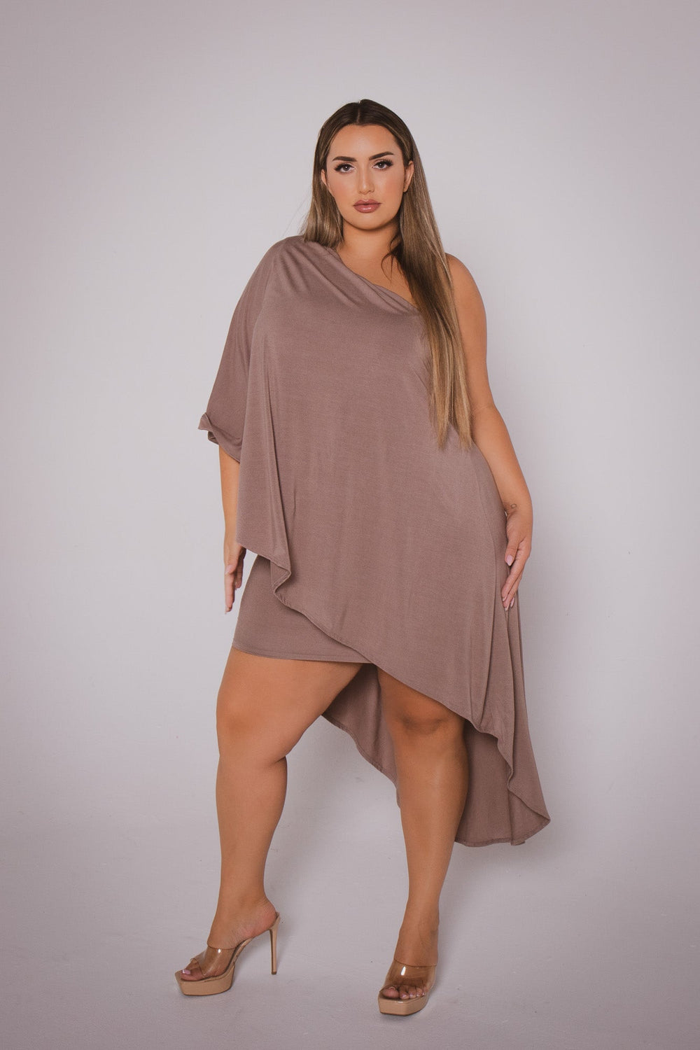 Curvy Sense Dresses Plus Size Asymmetric Draped Dress - Mocha