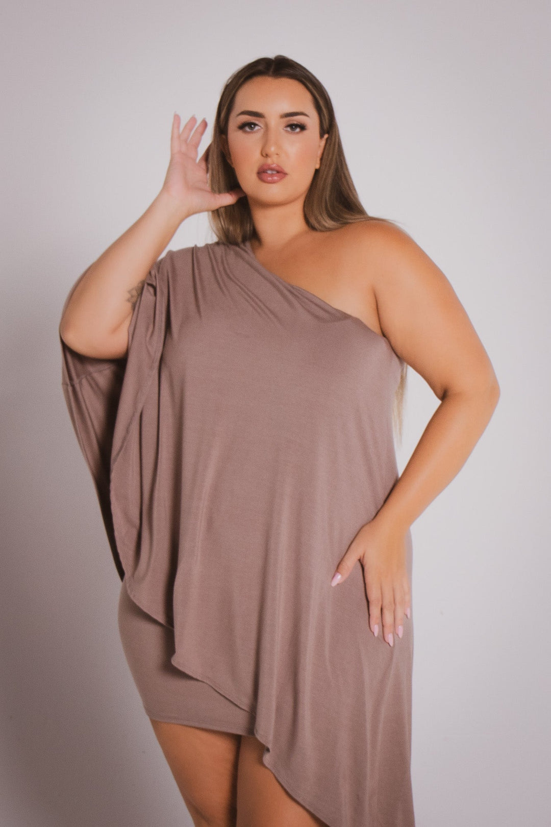 Plus Size Asymmetric Draped Dress - Mocha 1x / Mocha at Curvy Sense Plus Size Asymmetric Draped Dress - Mocha 1x / Mocha at Curvy Sense
