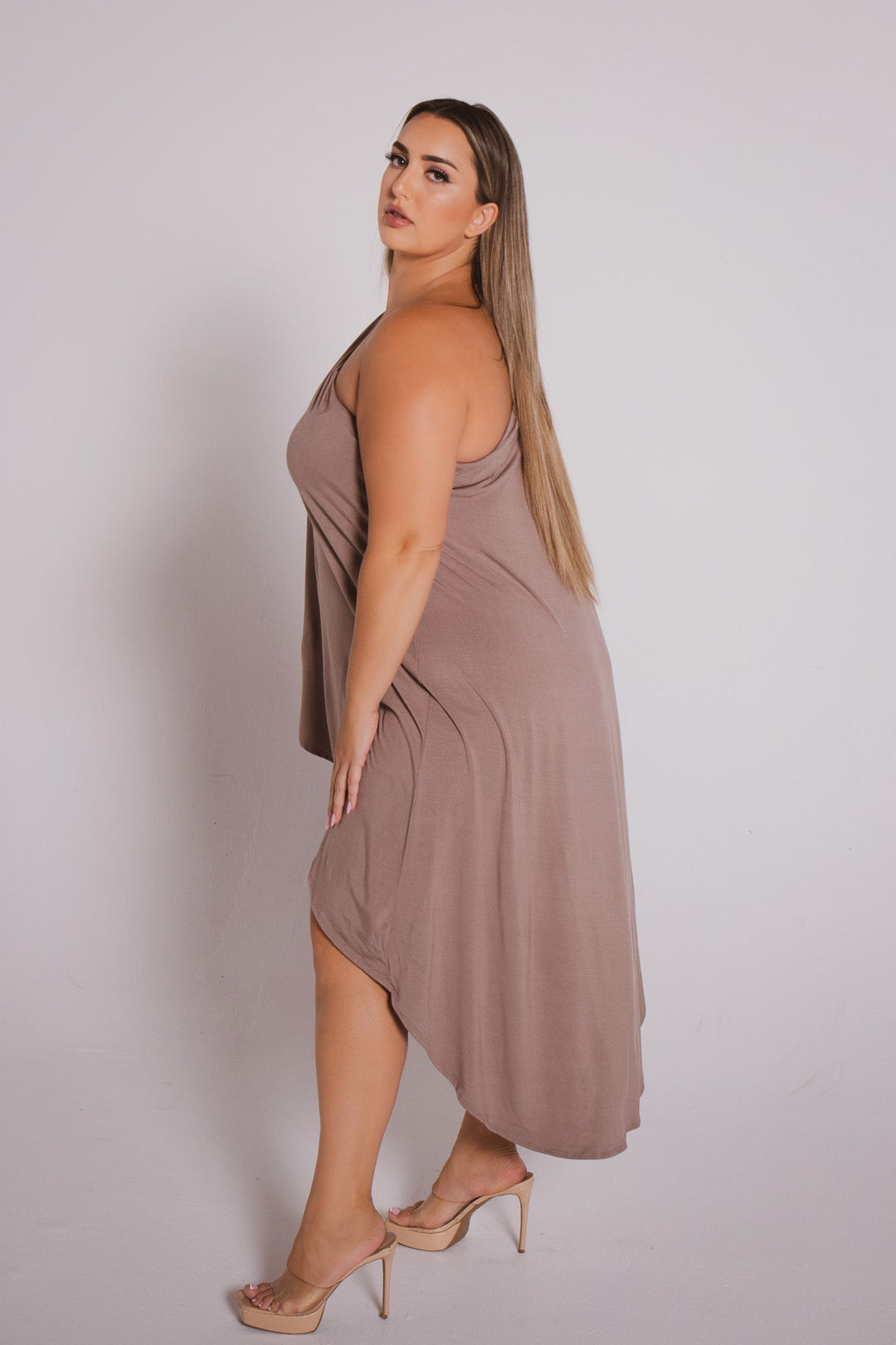 Women's Plus Size Asymmetric Draped Dress - Mocha - Curvy Sense Women's Plus Size Asymmetric Draped Dress - Mocha - Curvy Sense