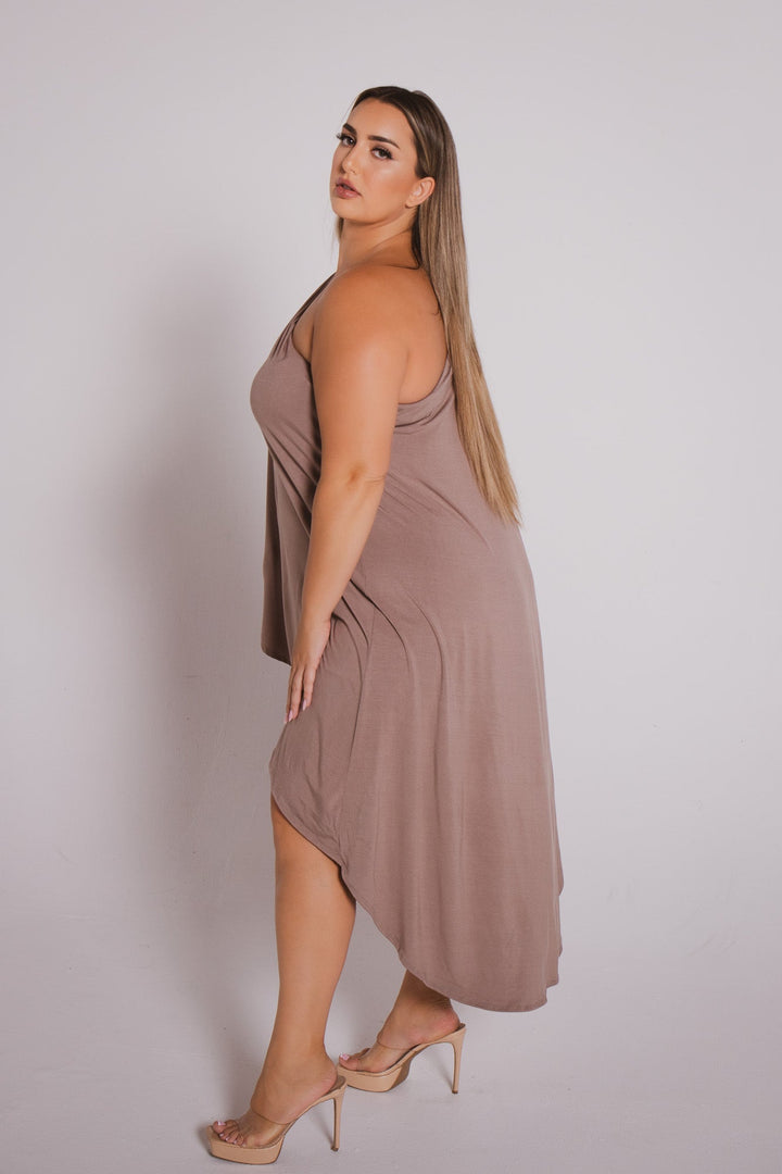 Curvy Sense Dresses Plus Size Asymmetric Draped Dress - Mocha