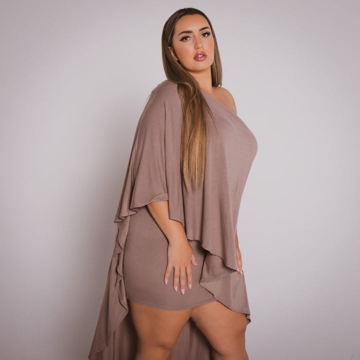 Curvy Sense Dresses Plus Size Asymmetric Draped Dress - Mocha