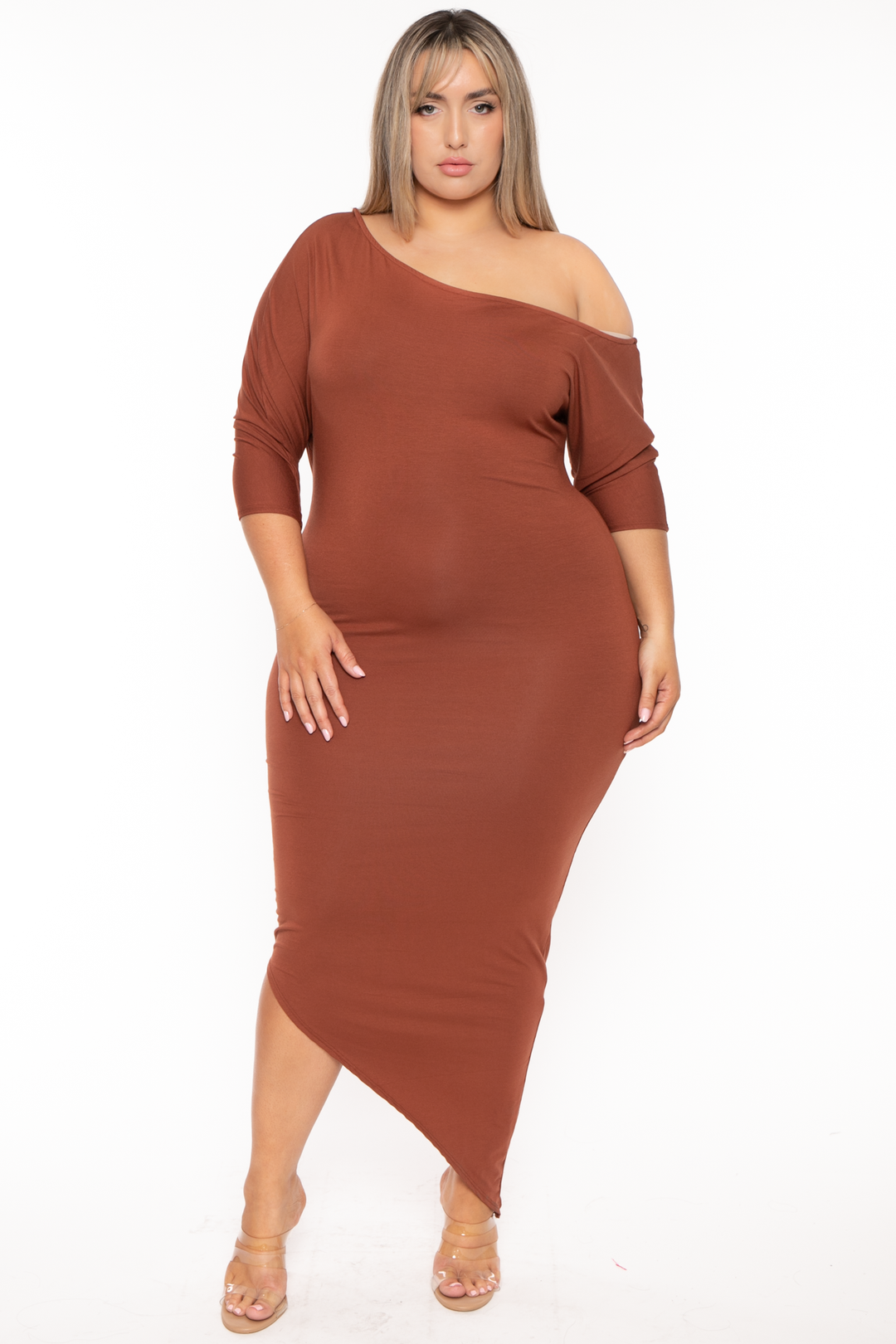 Curvy Sense Dresses 1X / Brown Plus Size Asymmetric Knit Dress - Brown