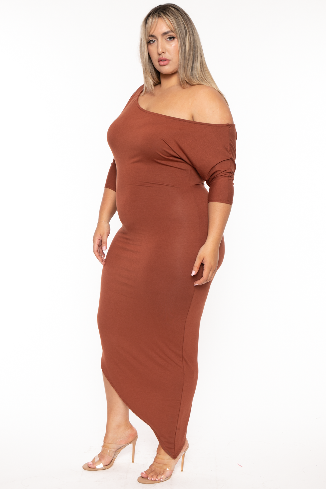 Curvy Sense Dresses Plus Size Asymmetric Knit Dress - Brown