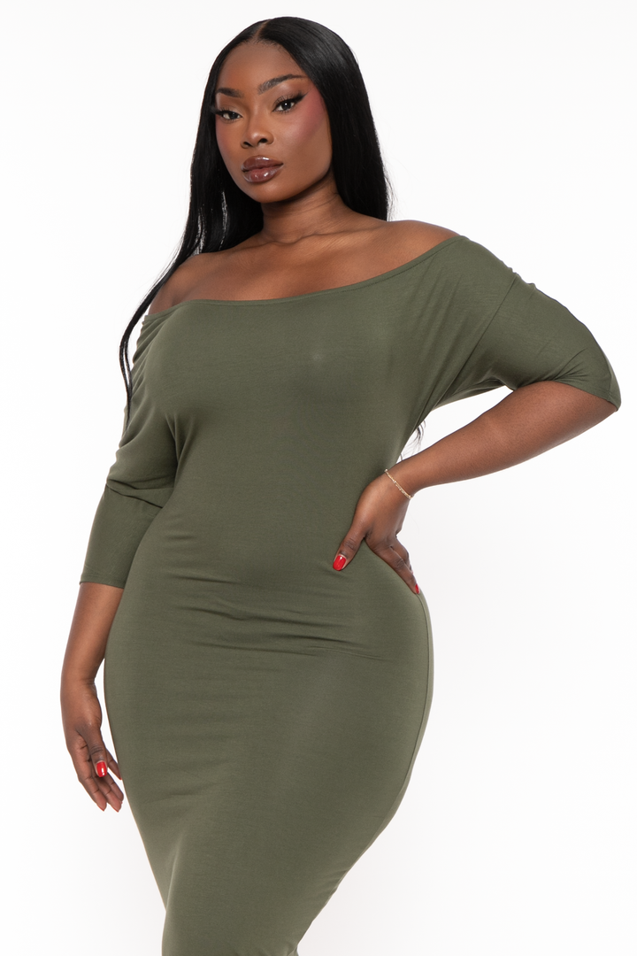 Curvy Sense Dresses Plus Size Asymmetric Knit Dress - Olive