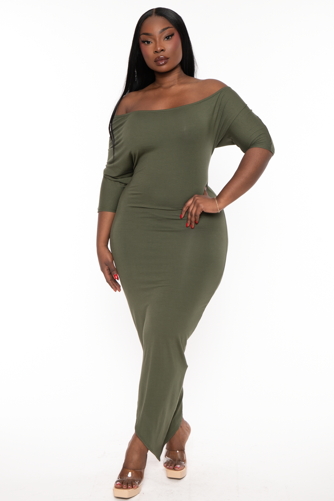 Curvy Sense Dresses 1X / Olive Plus Size Asymmetric Knit Dress - Olive