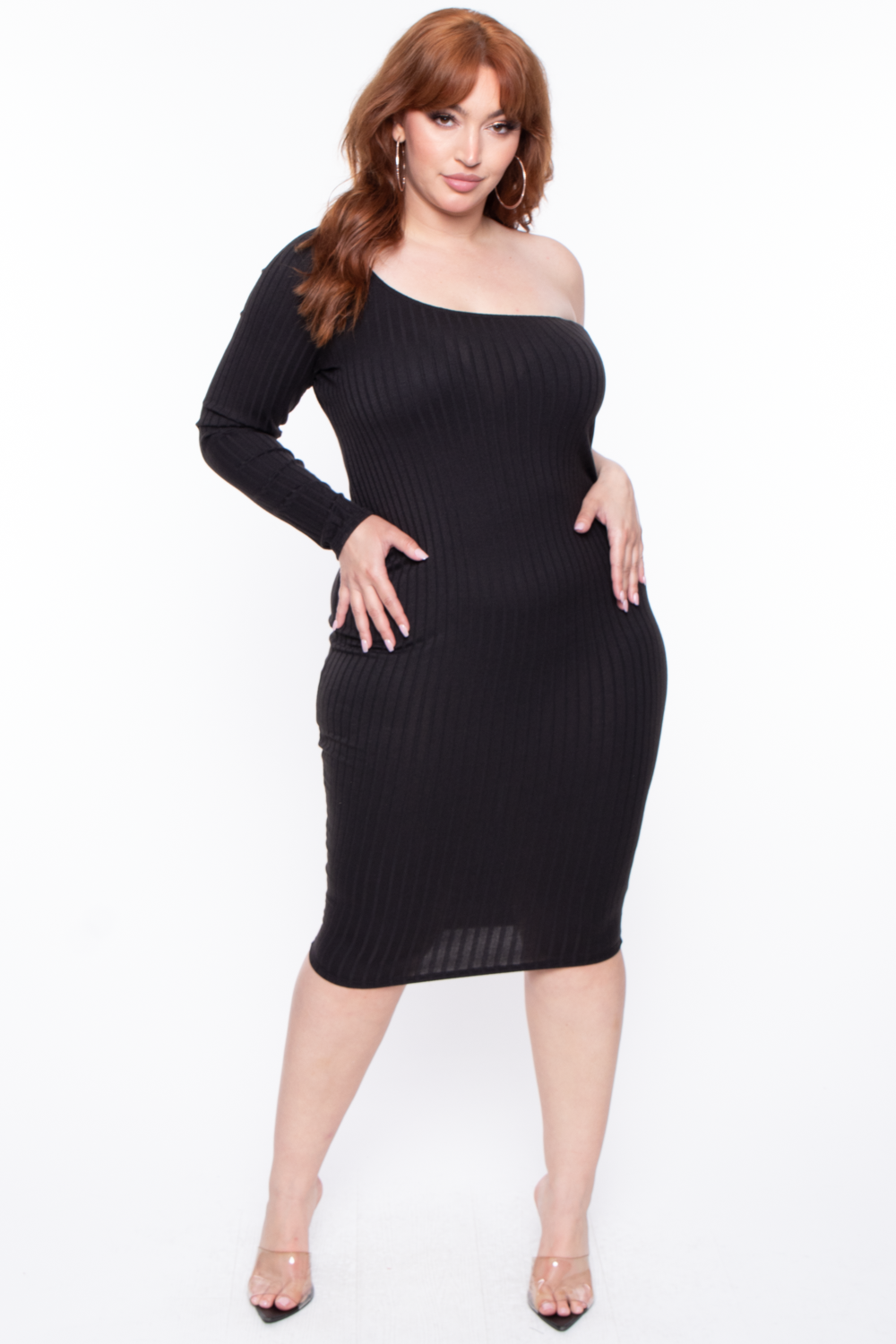 Curvy Sense Dresses 1X / Black Plus Size Asymmetric Ribbed Dress - Black