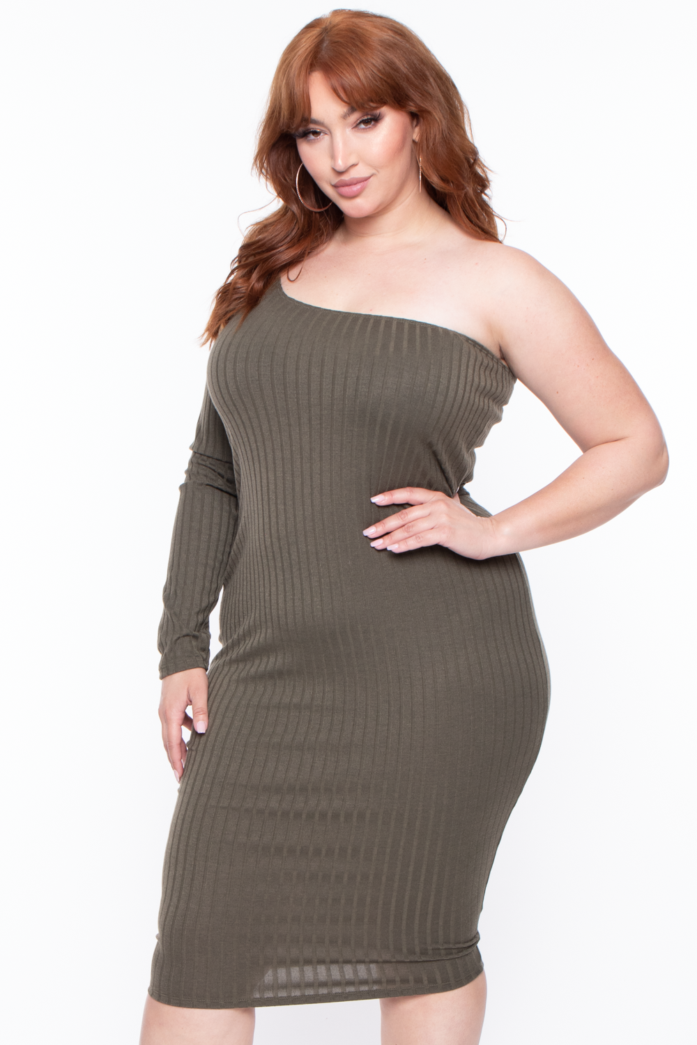 Curvy Sense Dresses Plus Size Asymmetric Ribbed Dress -Olive