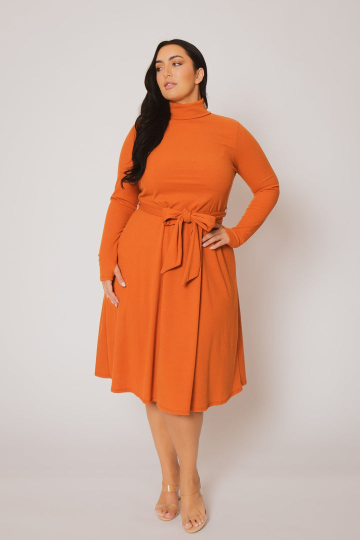 Curvy Sense Dresses Plus Size Audrey Turtleneck Knit Dress  - Rust