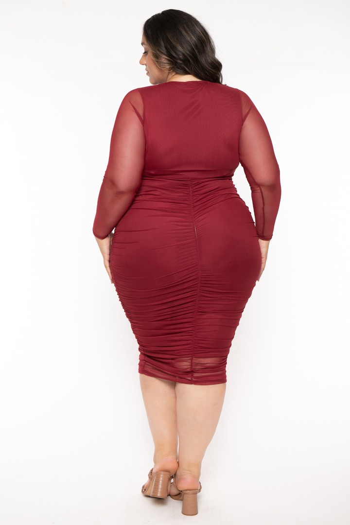 Curvy Sense Dresses Plus Size  Aundel Shirred Midi Dress - Burgundy