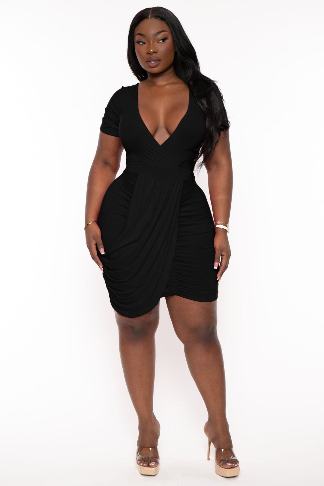 Curvy Sense Dresses 1X / Black Plus Size Avie Front Drape Dress - Black
