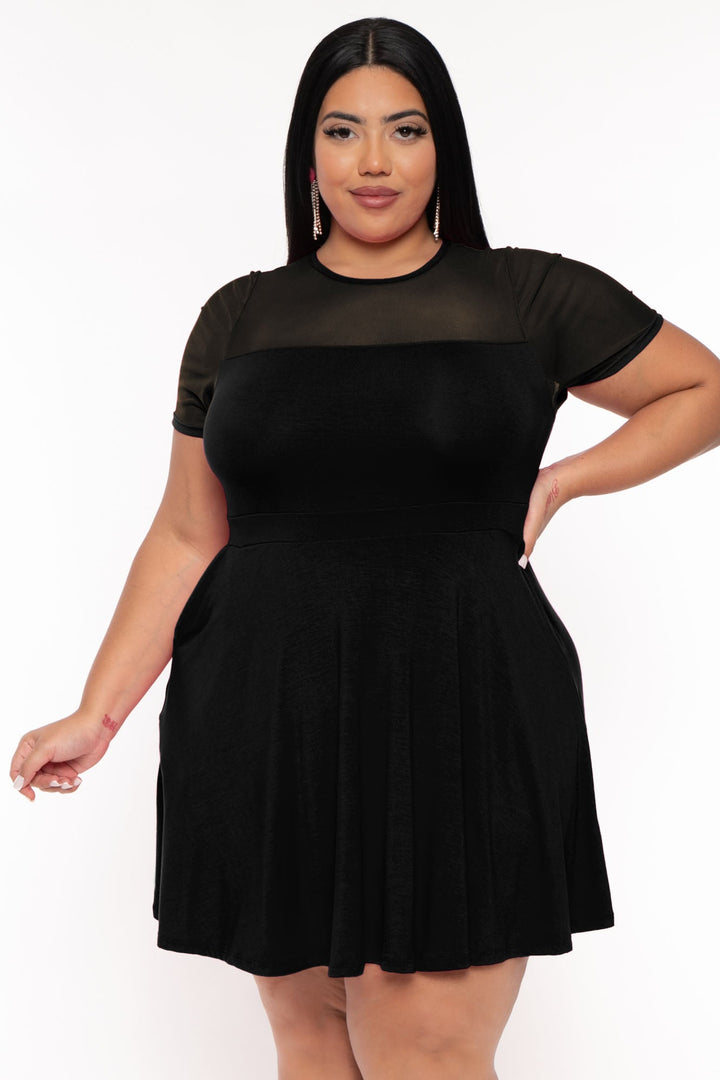 Curvy Sense Dresses Plus Size Becky Mesh Flare  Dress - Black