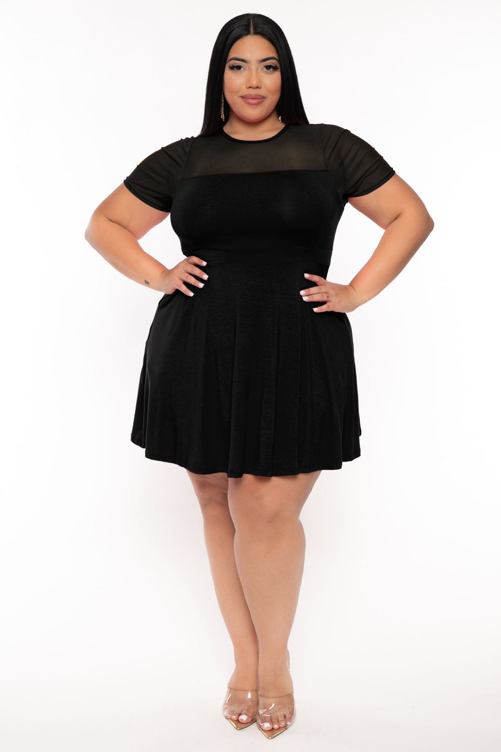 Curvy Sense Dresses Plus Size Becky Mesh Flare  Dress - Black