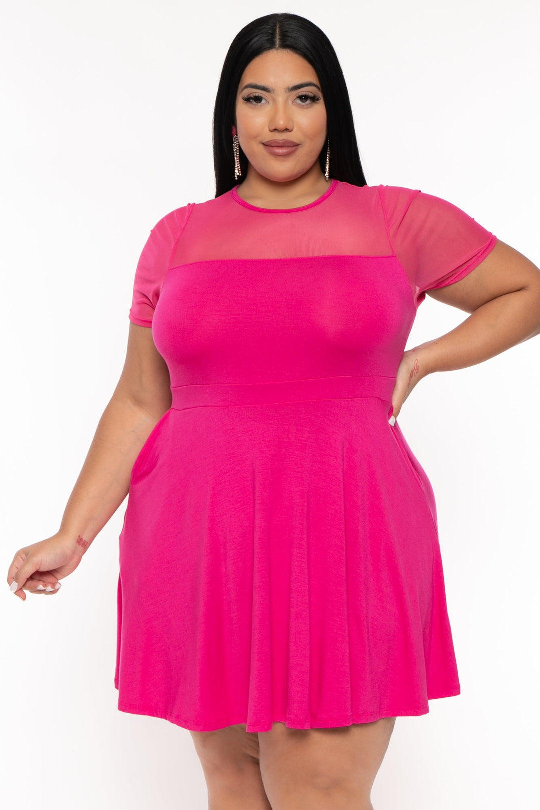 Curvy Sense Dresses Plus Size Becky Mesh Flare  Dress - Fuchsia