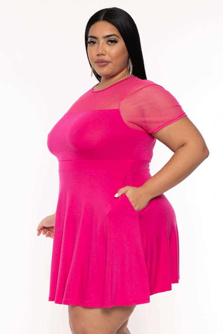 Curvy Sense Dresses Plus Size Becky Mesh Flare  Dress - Fuchsia