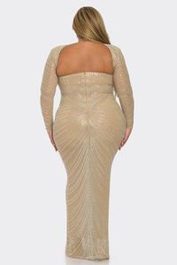 SYMPHONY Dresses Plus Size Bella Long Sleeve Sequins Rhinestone Mesh Gown - Tan