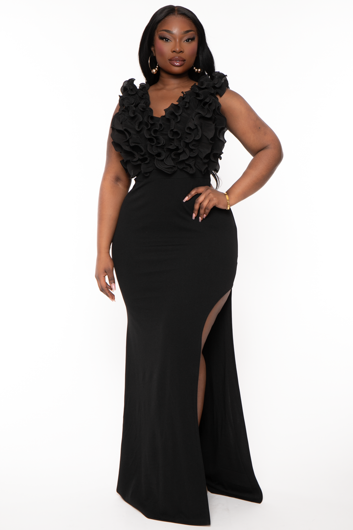 Symphony Dresses 1X / Black Plus Size Bethany Ruffled Top Dress- Black